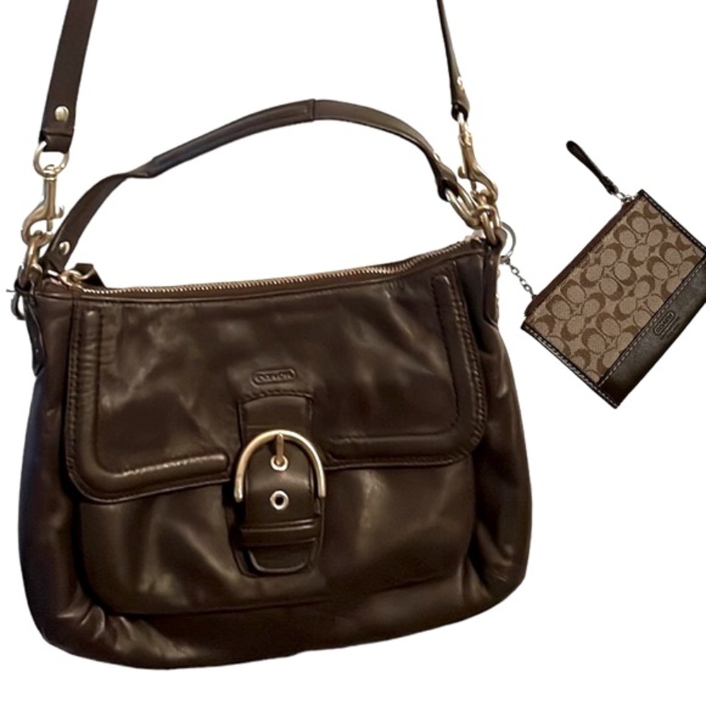 COACH Purse Dark Brown Leather Crossbody Handbag w/ BONUS Card Holder Wallet